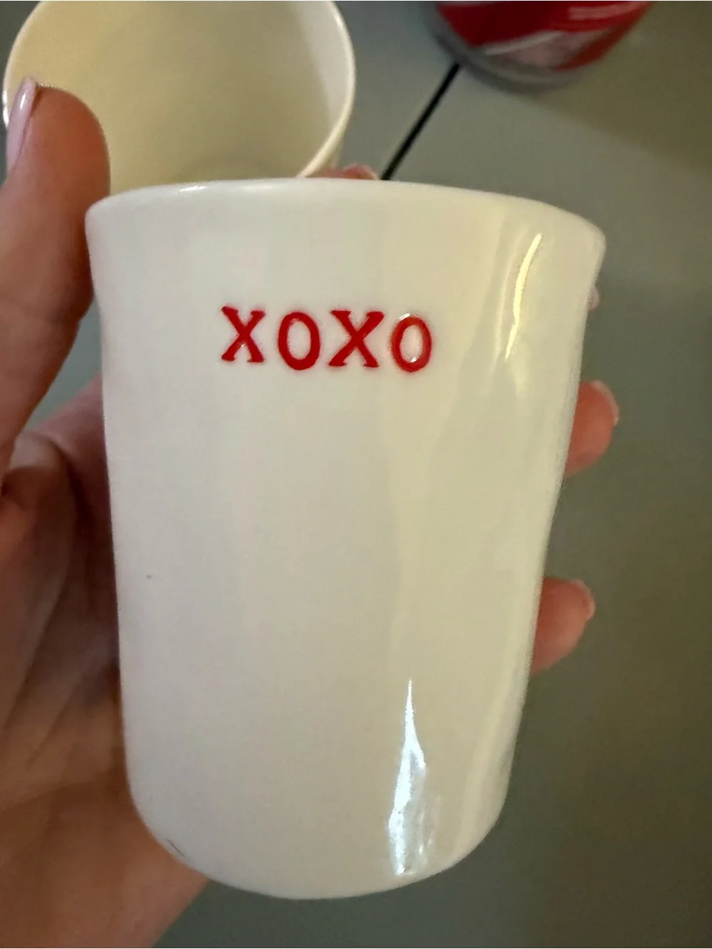 Pottery Barn White Ceramic Cups with Red 'love' & 'xoxo' Lettering